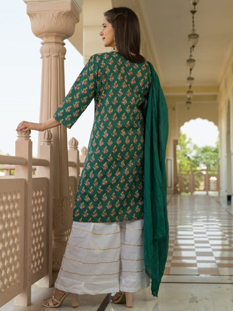 Green Cotton Readymade Palazzo Kameez Suit