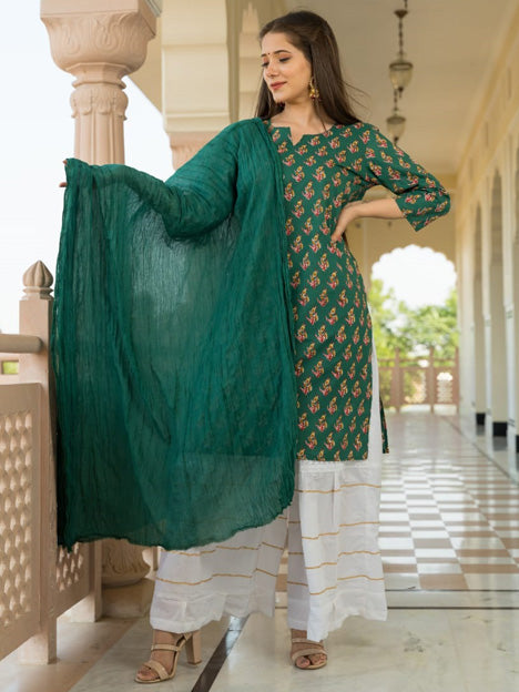 Green Cotton Readymade Palazzo Kameez Suit