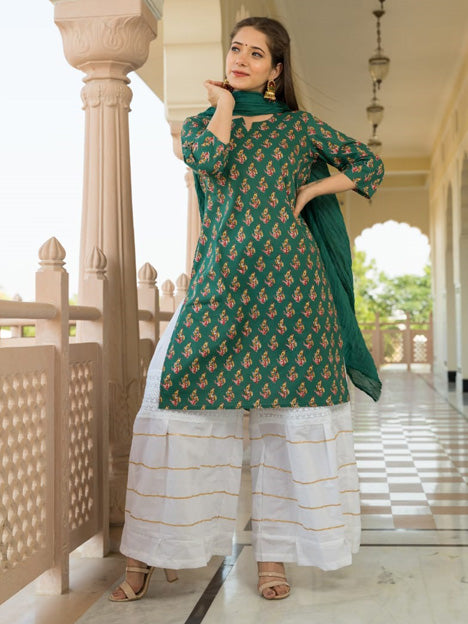 Green Cotton Readymade Palazzo Kameez Suit