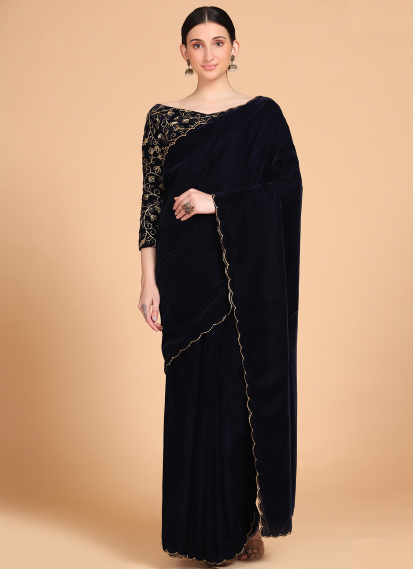 Navy Blue Velvet Zari Work Party Wear Saree