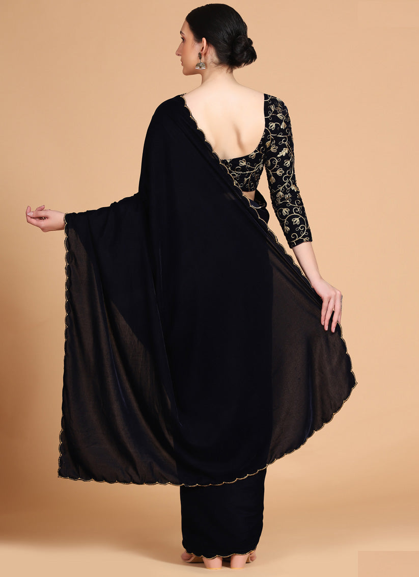 Navy Blue Velvet Zari Work Party Wear Saree
