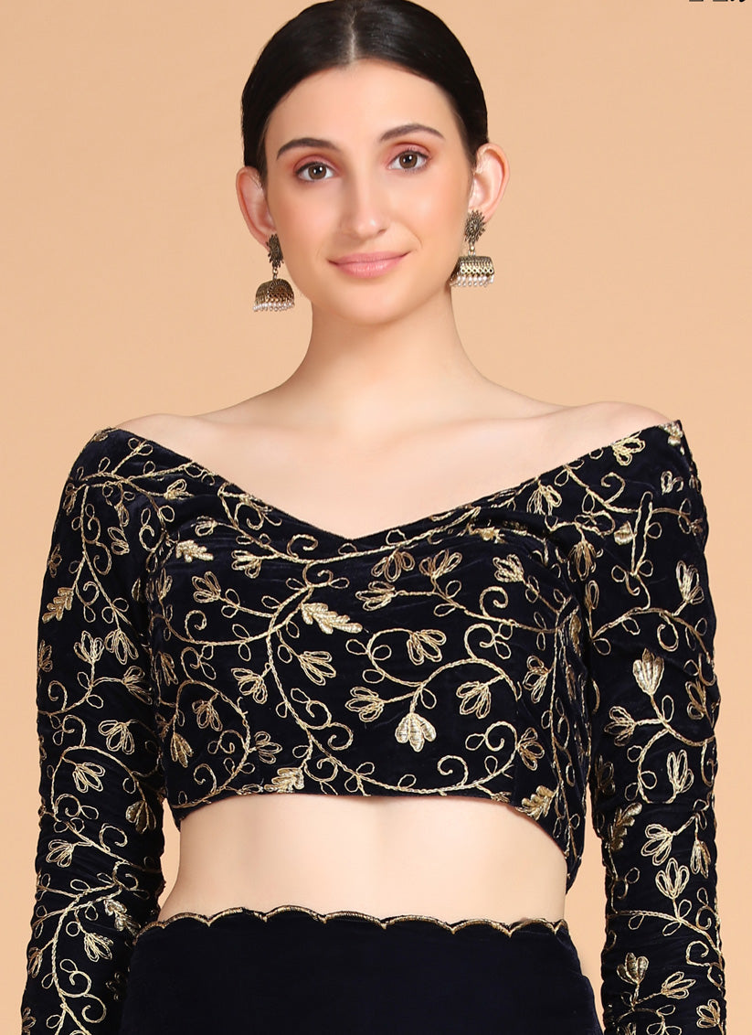 Navy Blue Velvet Zari Work Party Wear Saree