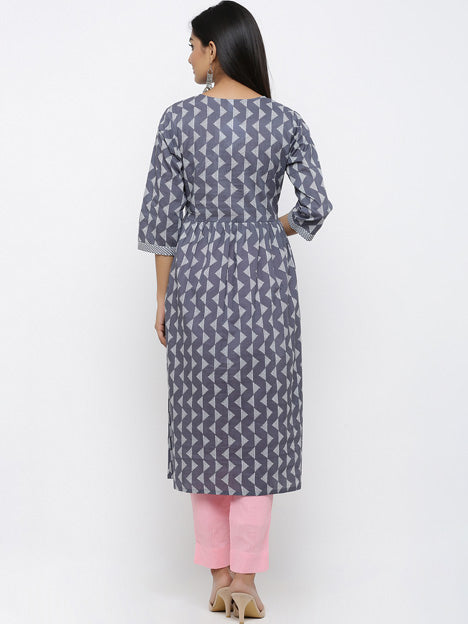 Grey Cotton Printed and Embroidered Flared Kurti
