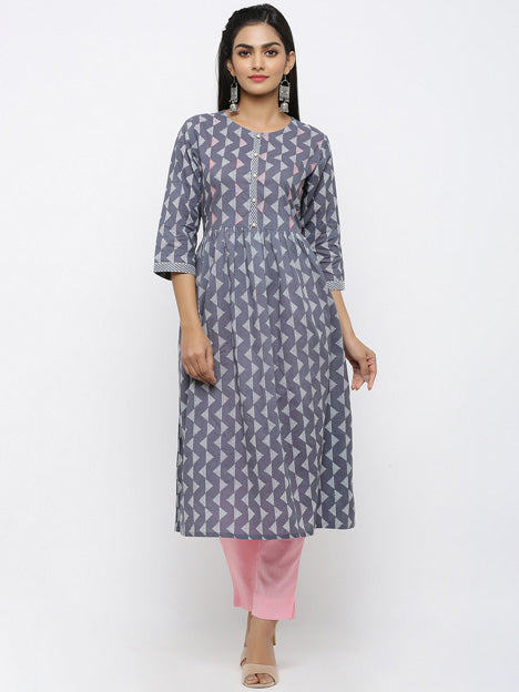 Grey Cotton Printed and Embroidered Flared Kurti