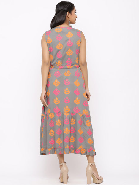 Grey Cotton Printed Anarkali Style Kurti