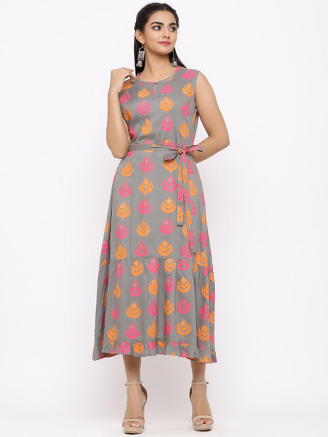 Grey Cotton Printed Anarkali Style Kurti