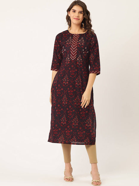Wine Cotton Printed with Adda mirror work and Gotta detailing Kurti