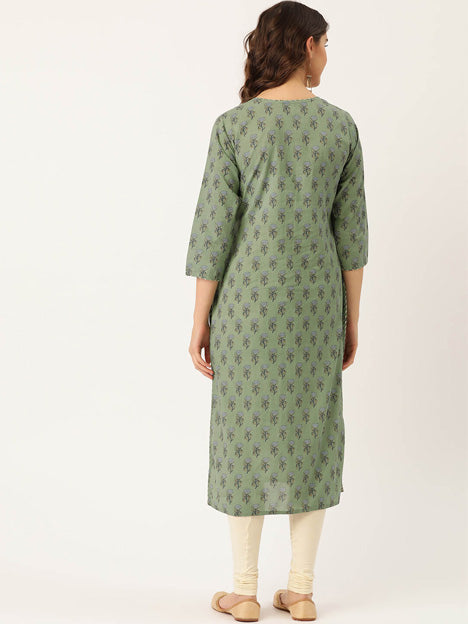 Green Cotton Printed with Zari Adda highlight work Kurti