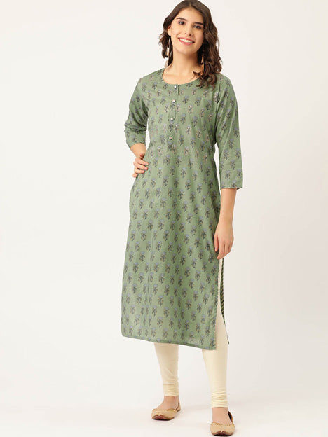 Green Cotton Printed with Zari Adda highlight work Kurti