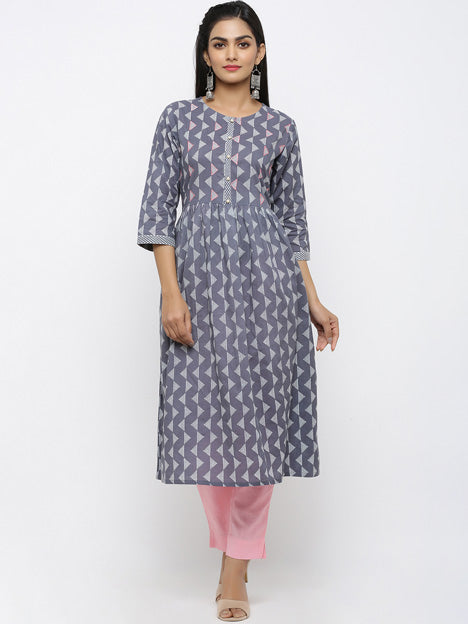 Grey Pure Cotton Printed Kurti with Pant