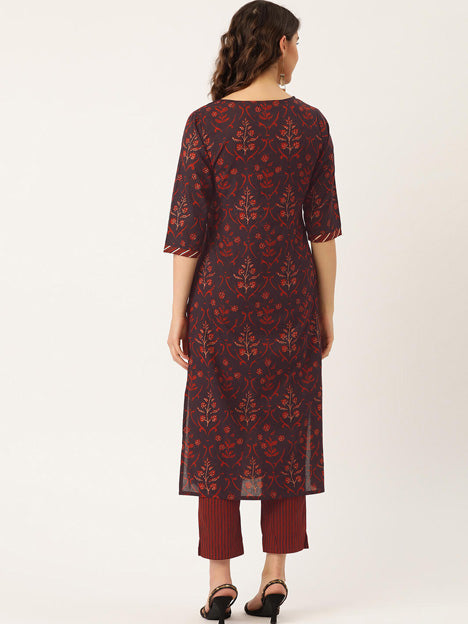 Wine Cotton Printed Kurti with Pant