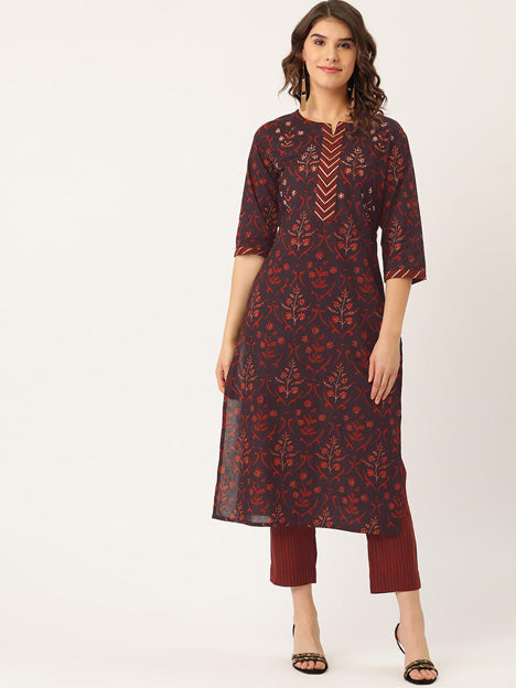 Wine Cotton Printed Kurti with Pant