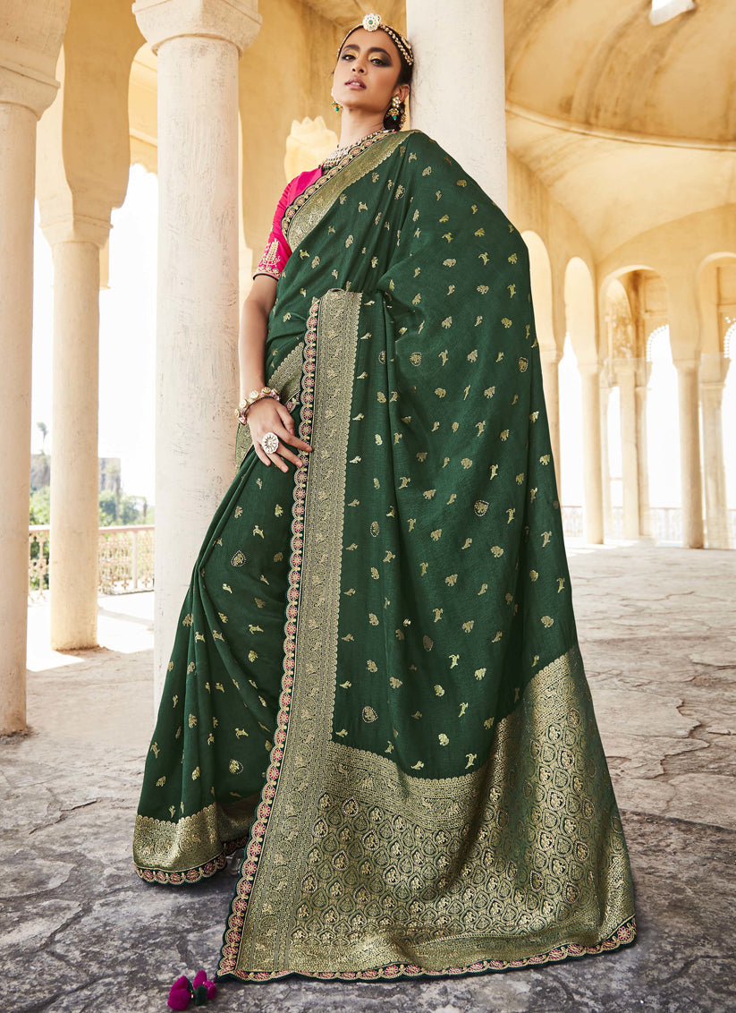 Dark Green Silk Embroidered Wedding Saree