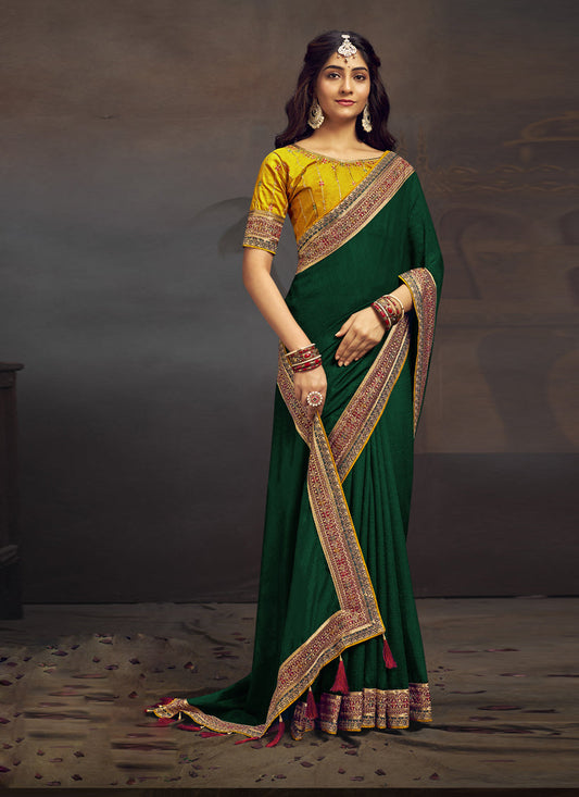 Forest Green Silk Saree with Embroidered Blouse