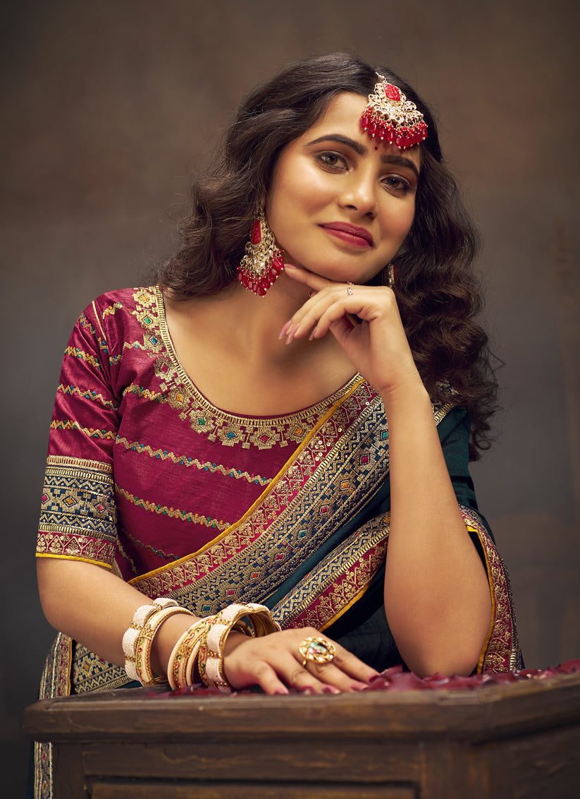 Peacock Blue Silk Saree with Embroidered Blouse