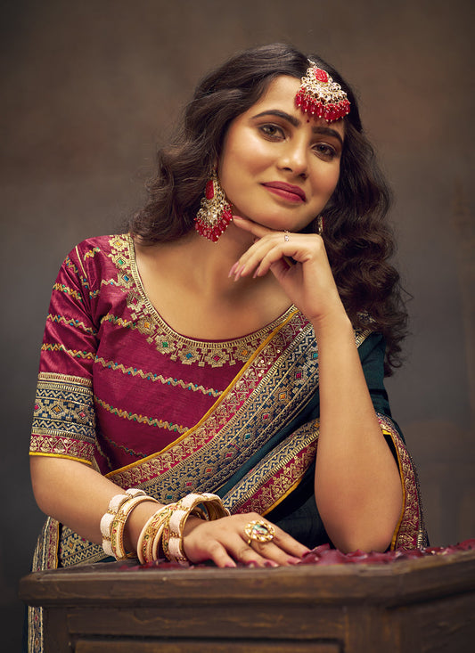 Peacock Blue Silk Saree with Embroidered Blouse