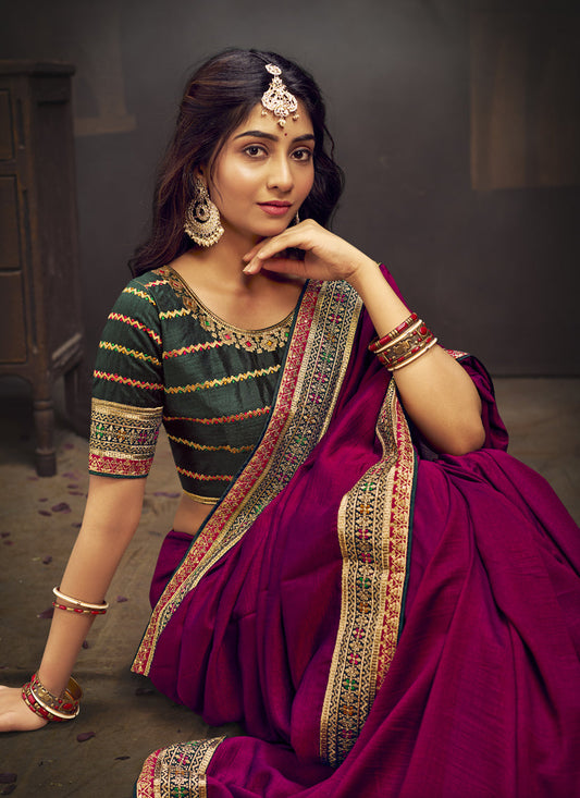 Magenta Silk Saree with Embroidered Blouse