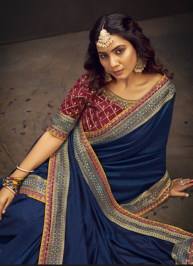 Indigo Blue Silk Saree with Embroidered Blouse
