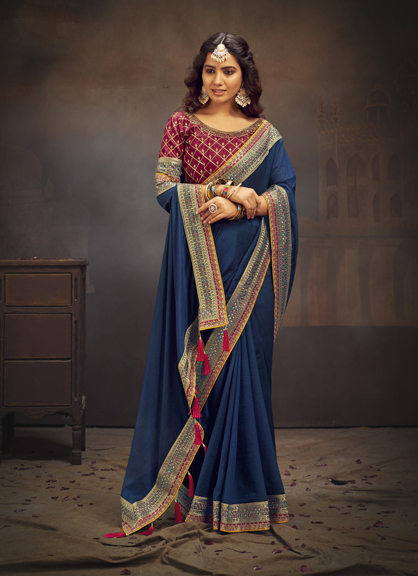 Indigo Blue Silk Saree with Embroidered Blouse