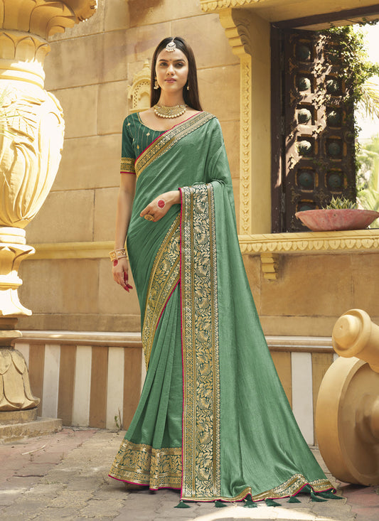 Pista Green Silk Zari Embroidered Saree