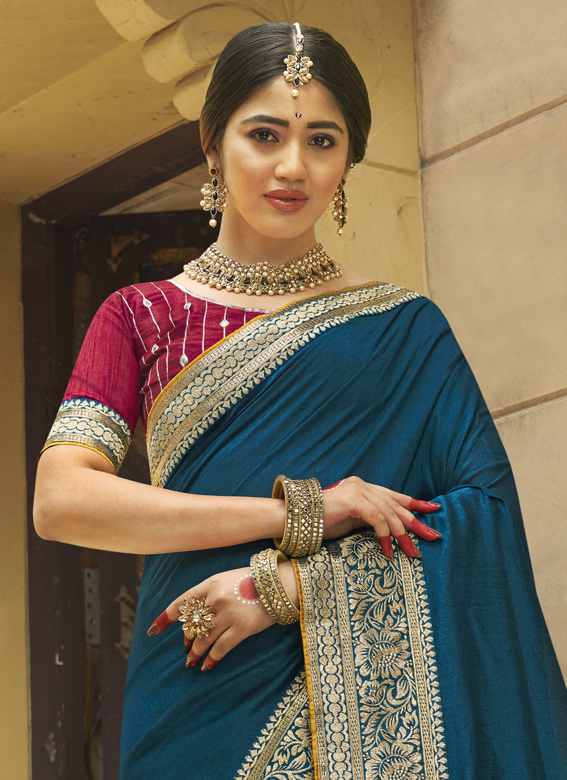 Teal Blue Silk Zari Embroidered Saree
