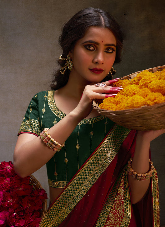 Maroon Satin Saree with Embroidered Blouse