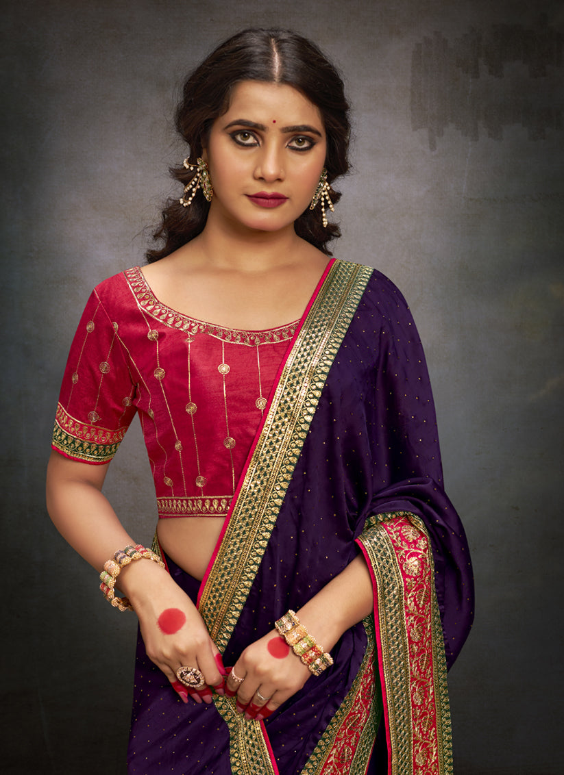 Eggplant Satin Saree with Embroidered Blouse
