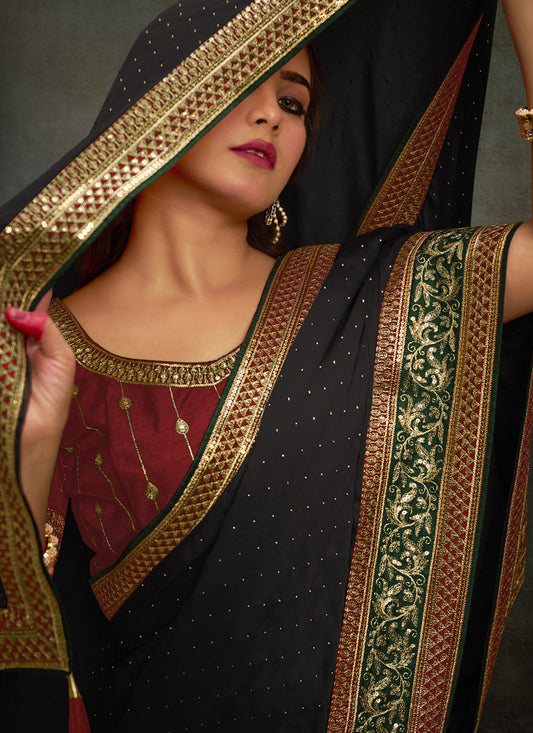 Black Satin Saree with Embroidered Blouse
