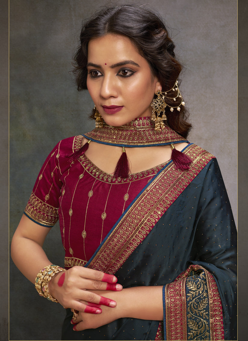 Prussian Blue Satin Saree with Embroidered Blouse