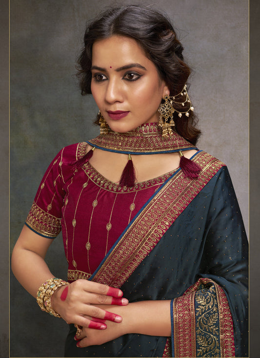 Prussian Blue Satin Saree with Embroidered Blouse