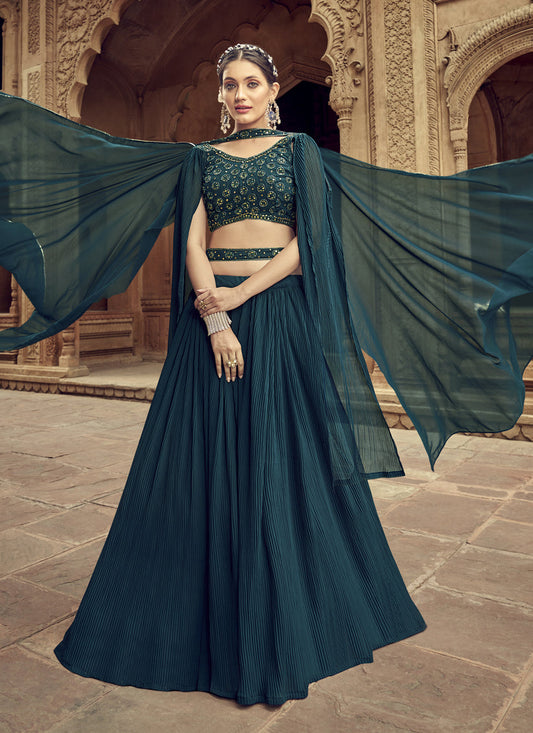 Peacock Blue Faux Georgette Lehenga Choli for Sangeet