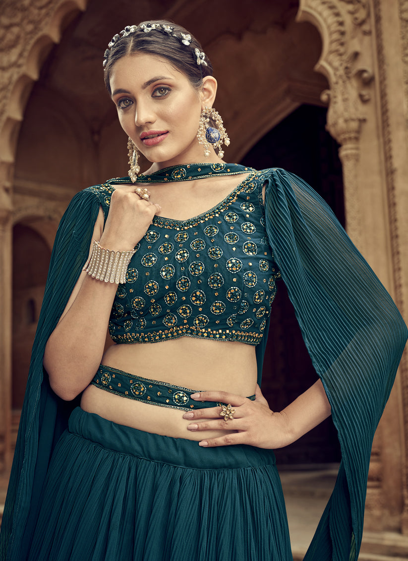 Peacock Blue Faux Georgette Lehenga Choli for Sangeet
