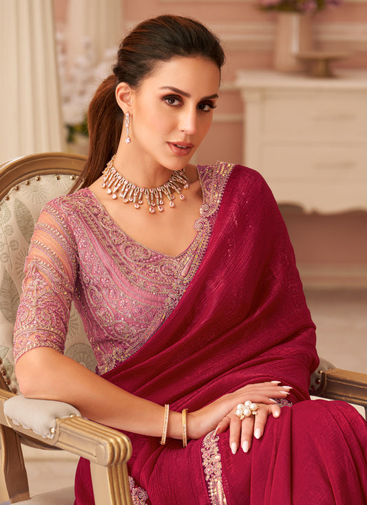Beautiful Cherry Red Embroidered Georgette Party Wear Saree