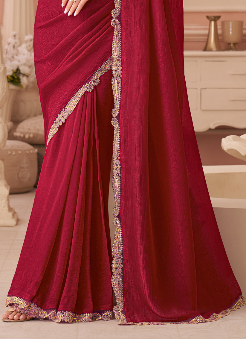 Beautiful Cherry Red Embroidered Georgette Party Wear Saree