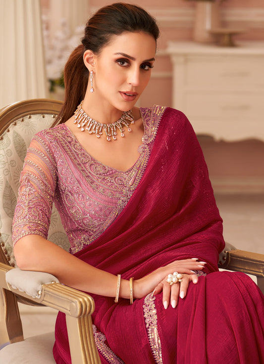 Elegant Cherry Red Georgette Party Wear Saree with Embroidered Blouse