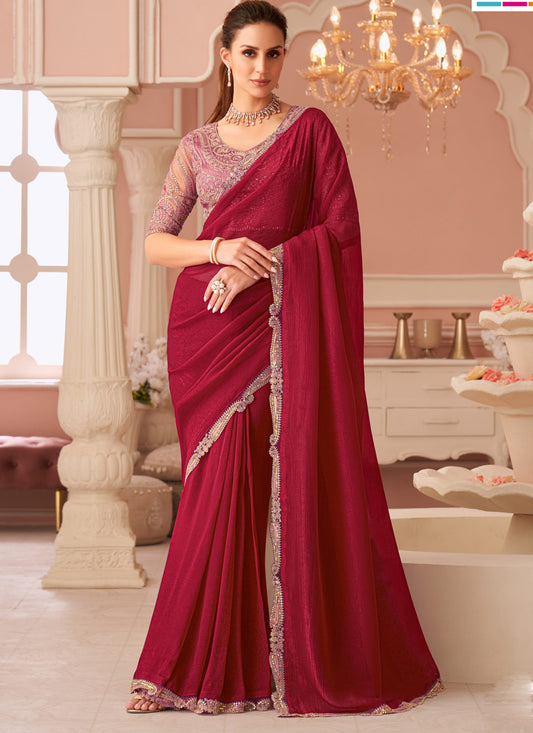 Elegant Cherry Red Georgette Party Wear Saree with Embroidered Blouse