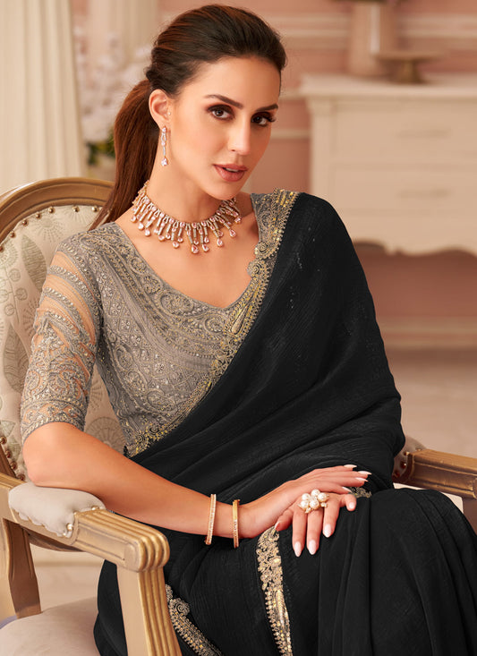 Ravishing Black Georgette Party Wear Saree with Embroidered Blouse