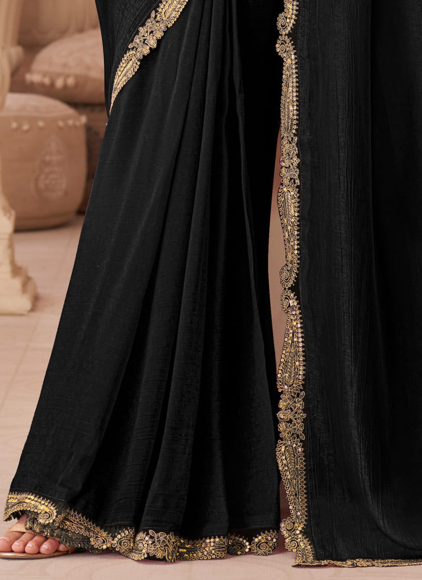 Ravishing Black Georgette Party Wear Saree with Embroidered Blouse