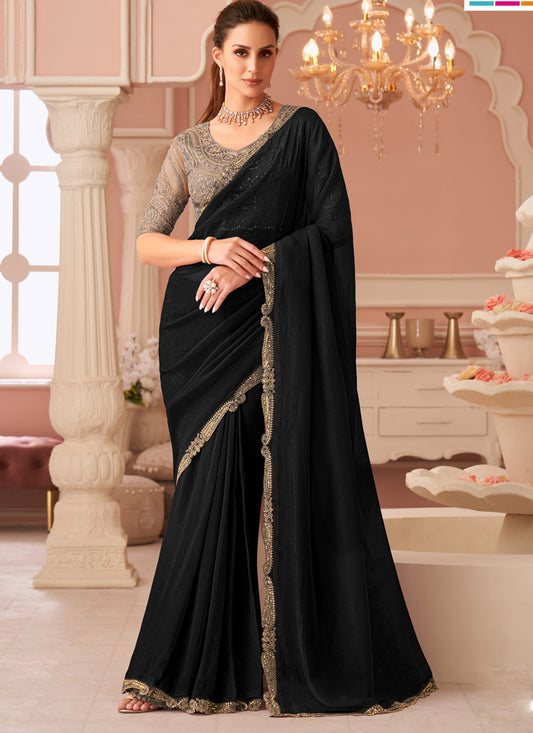 Ravishing Black Georgette Party Wear Saree with Embroidered Blouse