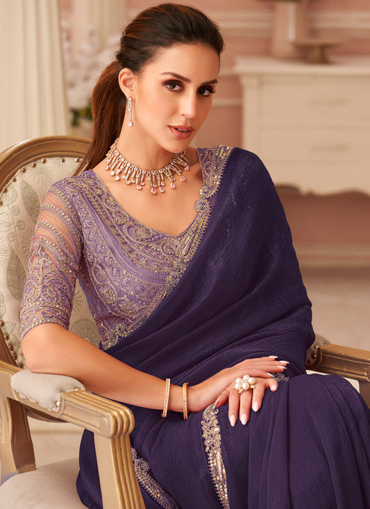 Bewitching Eggplant Georgette Party Wear Saree with Embroidered Blouse