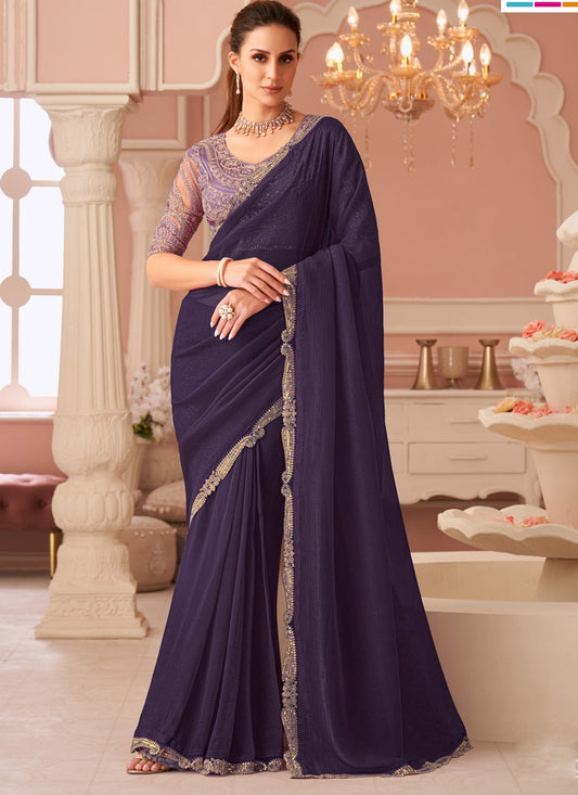 Bewitching Eggplant Georgette Party Wear Saree with Embroidered Blouse