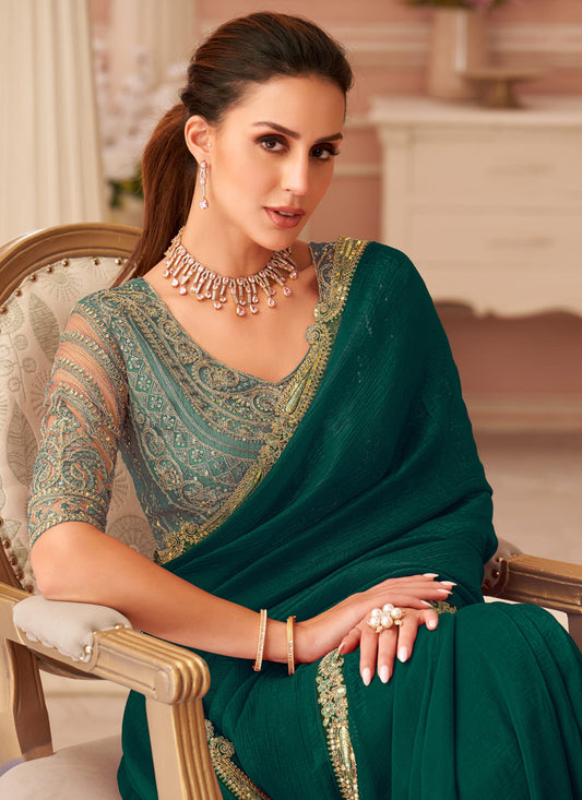 Pretty Pine Green Georgette Party Wear Saree with Embroidered Blouse