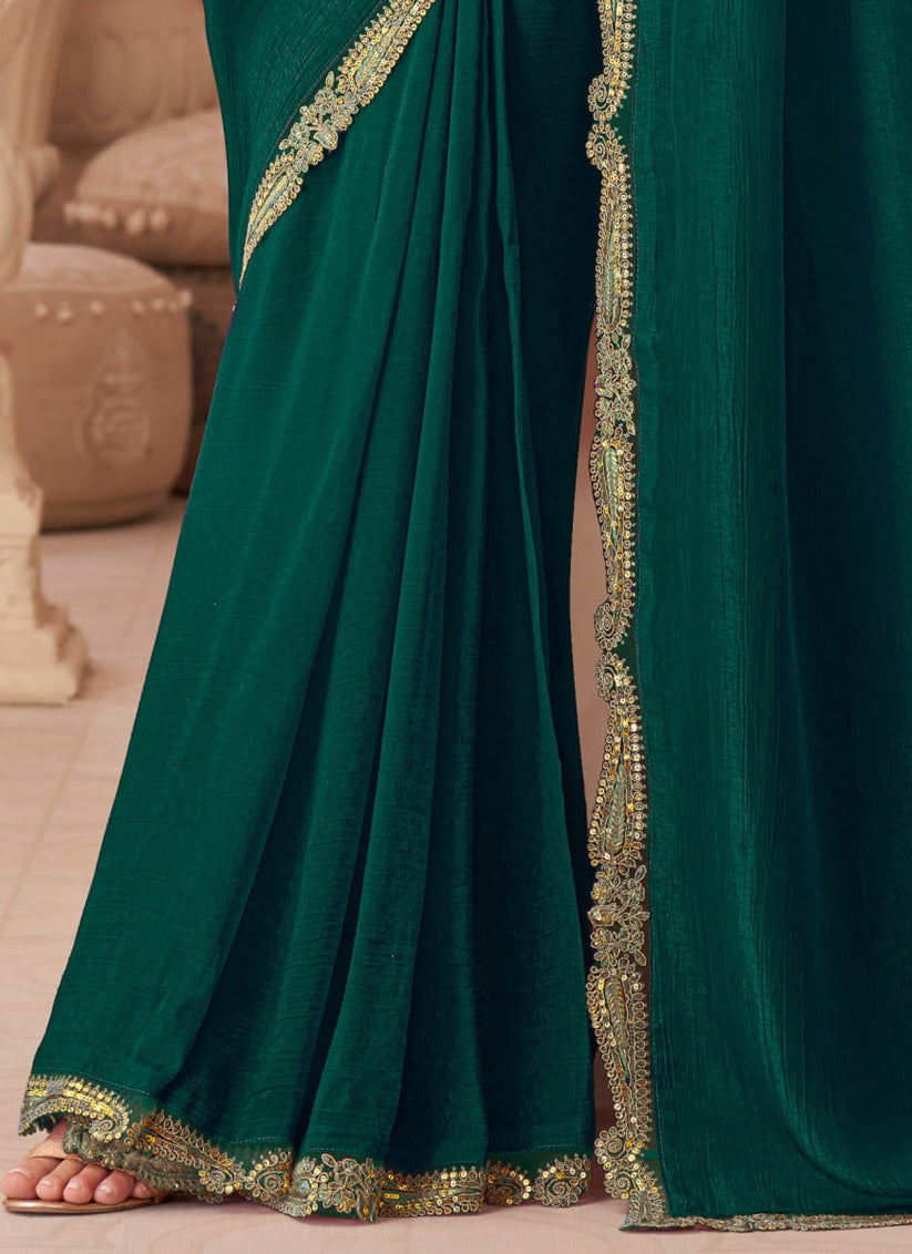 Pretty Pine Green Georgette Party Wear Saree with Embroidered Blouse