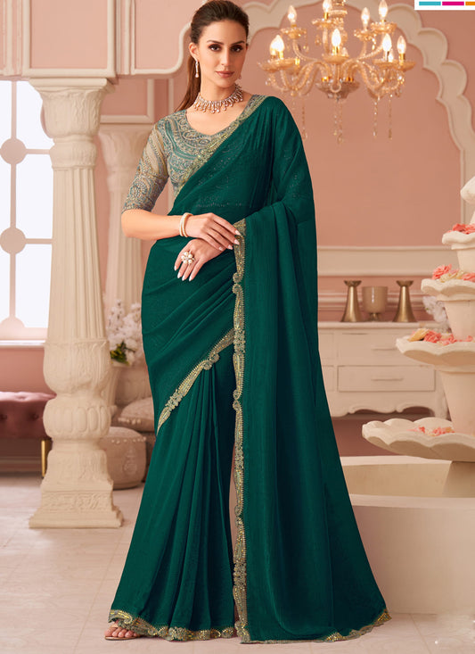 Pretty Pine Green Georgette Party Wear Saree with Embroidered Blouse