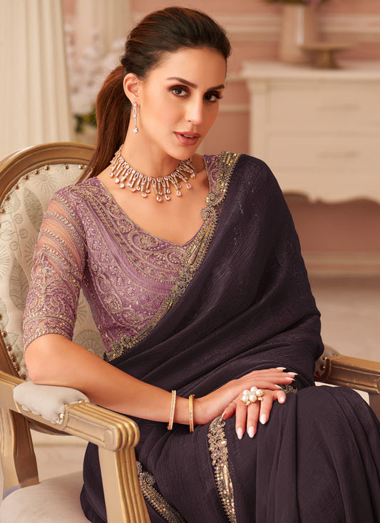 Magnetic Oak Brown Georgette Party Wear Saree with Embroidered Blouse