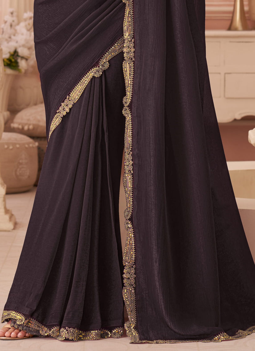 Magnetic Oak Brown Georgette Party Wear Saree with Embroidered Blouse