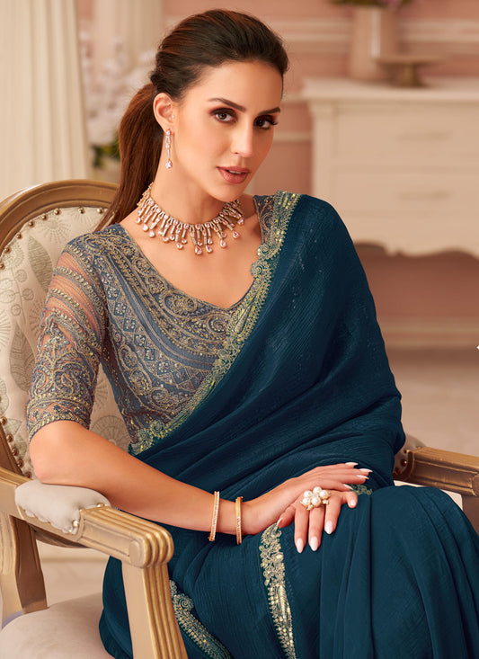 Lovely Peacock Blue Georgette Party Wear Saree with Embroidered Blouse