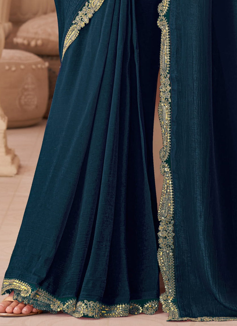 Lovely Peacock Blue Georgette Party Wear Saree with Embroidered Blouse