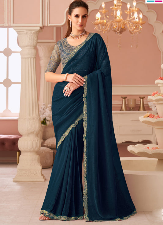 Lovely Peacock Blue Georgette Party Wear Saree with Embroidered Blouse