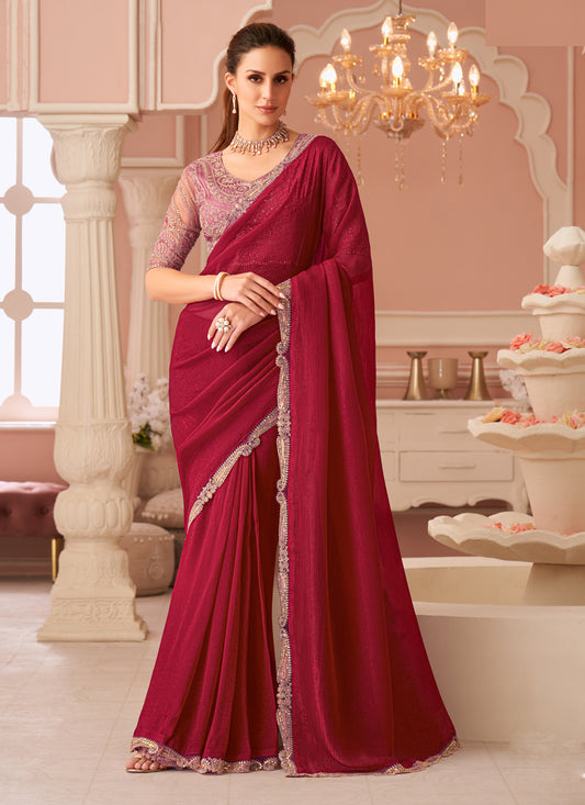Beautiful Cherry Red Embroidered Georgette Party Wear Saree